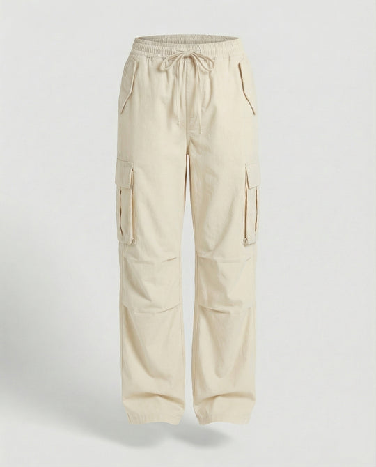 Damen weite Cargo-Hose im Retro-Utility-Stil mit hochgeschnittenem Bund Tunnelzug Mehrfachklappentaschen und verstellbaren Seitenschlaufen EB