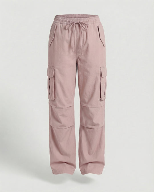 Damen weite Cargo-Hose im Retro-Utility-Stil mit hochgeschnittenem Bund Tunnelzug Mehrfachklappentaschen und verstellbaren Seitenschlaufen EB