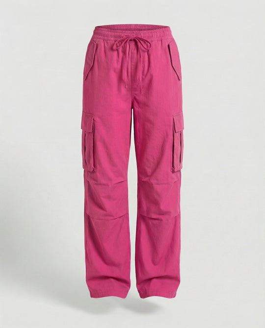 Damen weite Cargo-Hose im Retro-Utility-Stil mit hochgeschnittenem Bund Tunnelzug Mehrfachklappentaschen und verstellbaren Seitenschlaufen EB