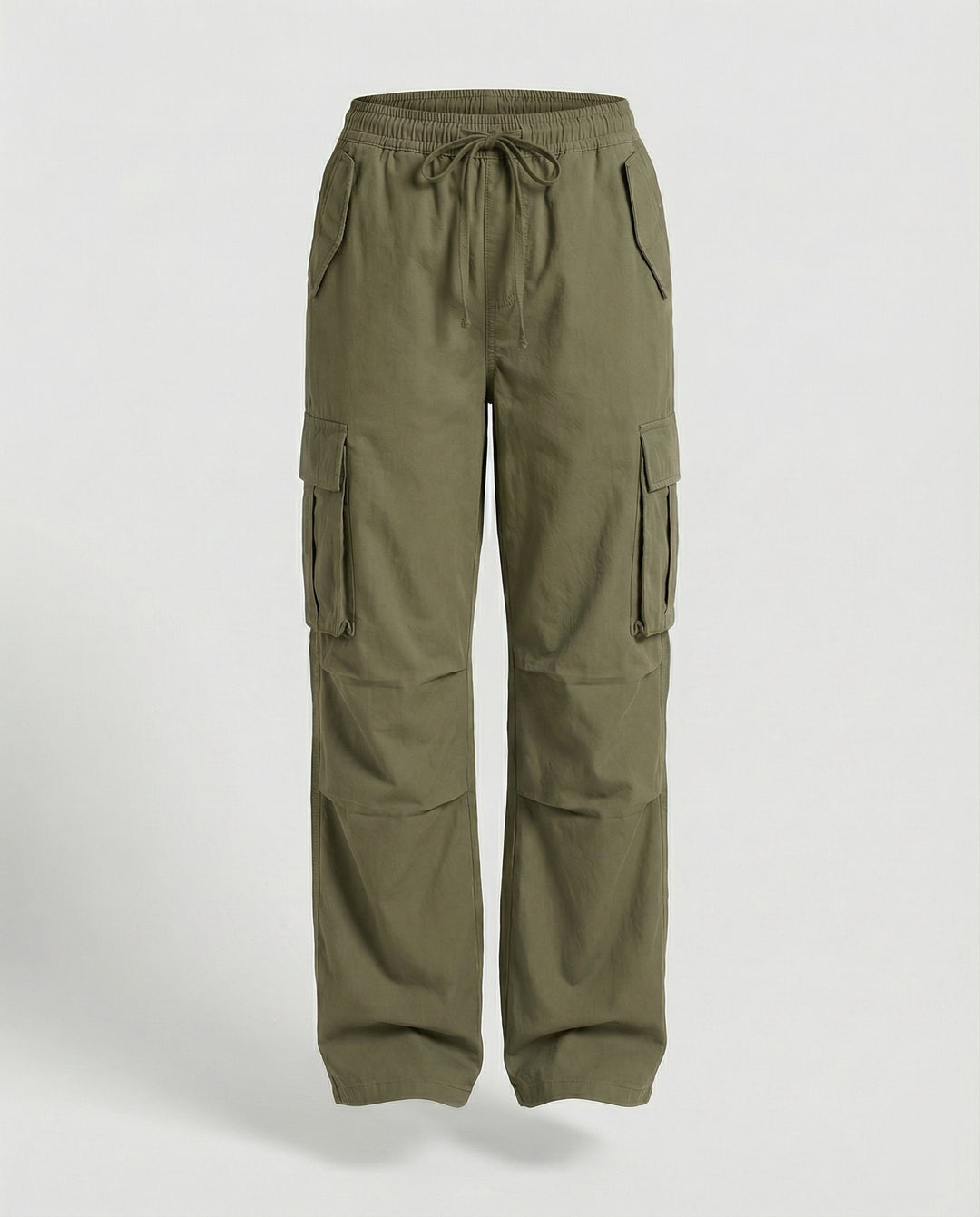Damen weite Cargo-Hose im Retro-Utility-Stil mit hochgeschnittenem Bund Tunnelzug Mehrfachklappentaschen und verstellbaren Seitenschlaufen EB