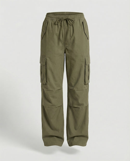 Damen weite Cargo-Hose im Retro-Utility-Stil mit hochgeschnittenem Bund Tunnelzug Mehrfachklappentaschen und verstellbaren Seitenschlaufen EB