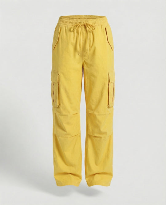 Damen weite Cargo-Hose im Retro-Utility-Stil mit hochgeschnittenem Bund Tunnelzug Mehrfachklappentaschen und verstellbaren Seitenschlaufen EB