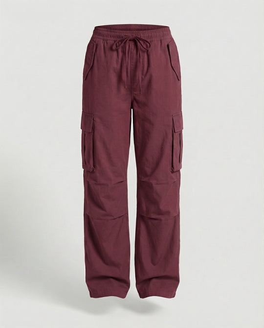 Damen weite Cargo-Hose im Retro-Utility-Stil mit hochgeschnittenem Bund Tunnelzug Mehrfachklappentaschen und verstellbaren Seitenschlaufen EB