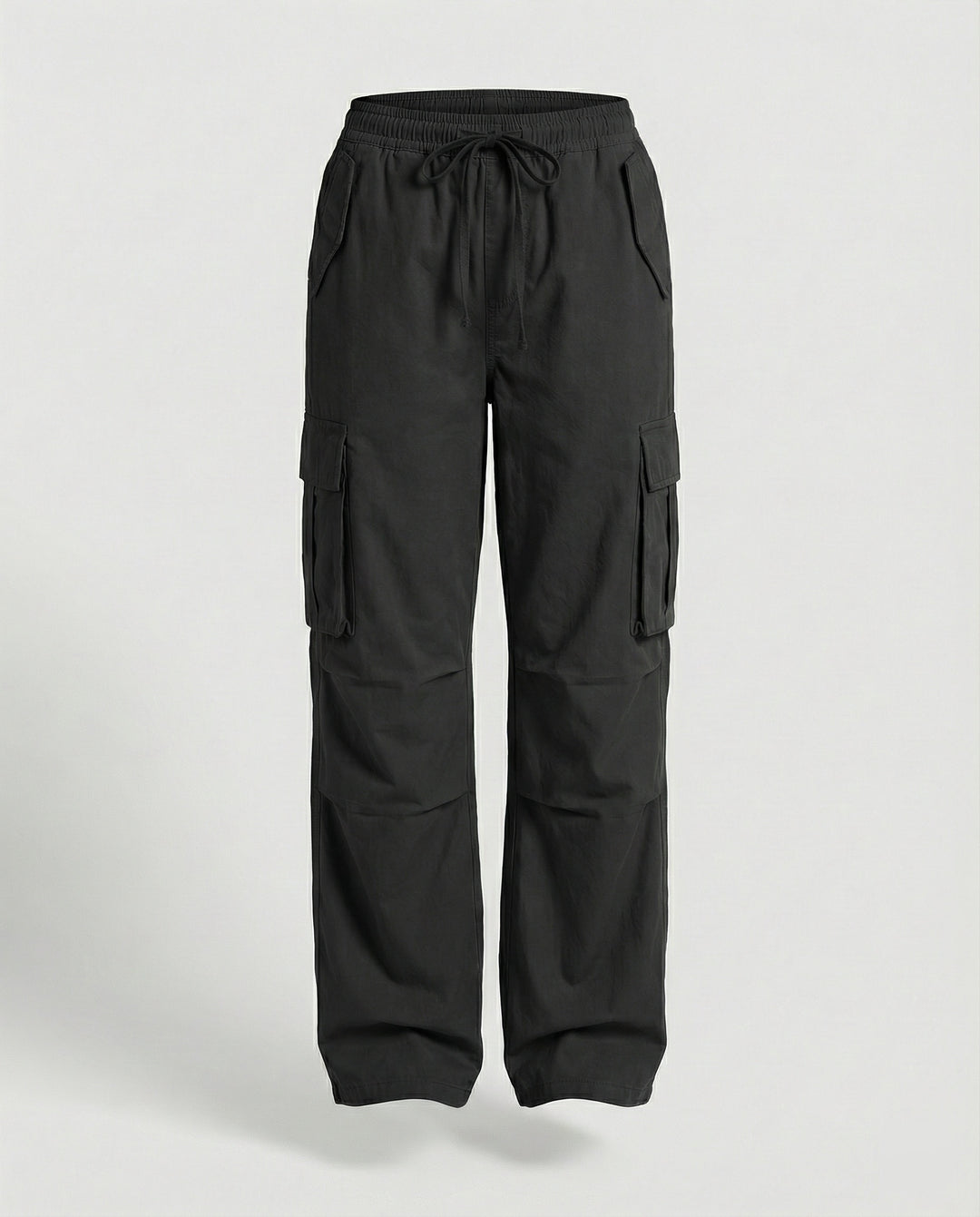 Damen weite Cargo-Hose im Retro-Utility-Stil mit hochgeschnittenem Bund Tunnelzug Mehrfachklappentaschen und verstellbaren Seitenschlaufen EB