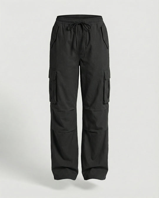 Damen weite Cargo-Hose im Retro-Utility-Stil mit hochgeschnittenem Bund Tunnelzug Mehrfachklappentaschen und verstellbaren Seitenschlaufen EB