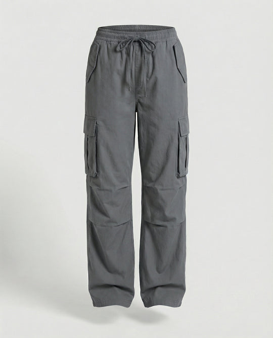 Damen weite Cargo-Hose im Retro-Utility-Stil mit hochgeschnittenem Bund Tunnelzug Mehrfachklappentaschen und verstellbaren Seitenschlaufen EB
