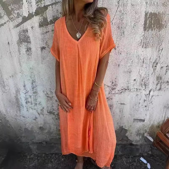 Damen lässiges Langarmkleid mit elegantem V-Ausschnitt und fließendem Design EB