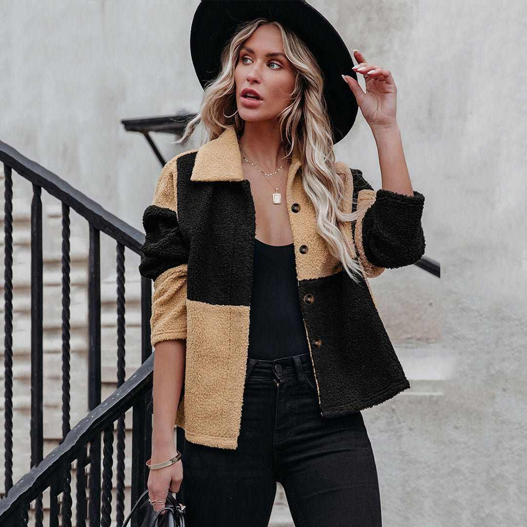 Damen trendige Teddyjacke mit modernem Patchwork-Design EB