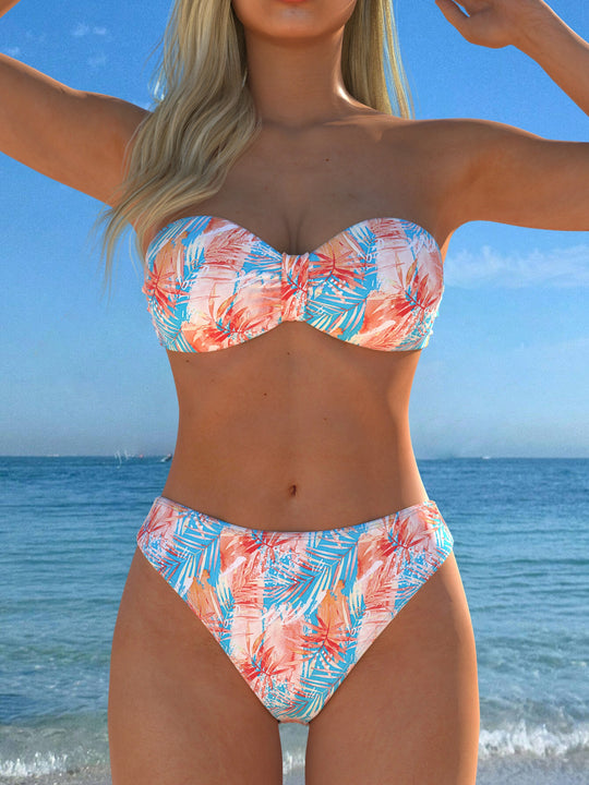 Damen Wickel-Bikini-Set mit floralem Design und hohem Bund EB