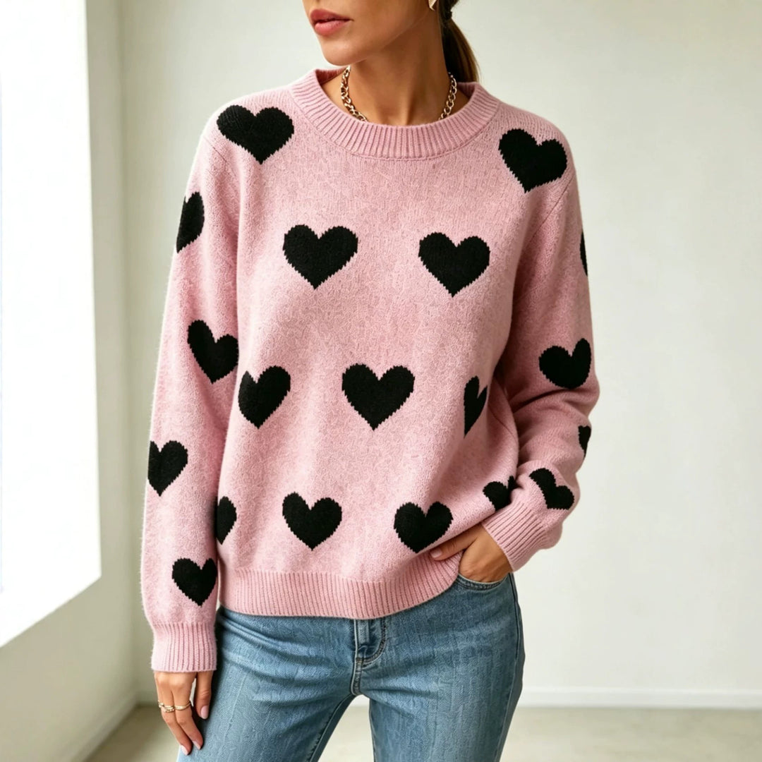 Damen Herz-Intarsien Rundhalspullover mit lässiger Oversize-Passform EB