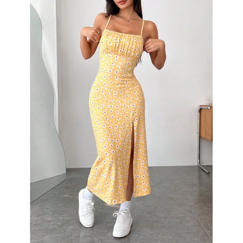 Damen Blumenkleid mit Spaghettiträgern und seitlichem Schlitz EB