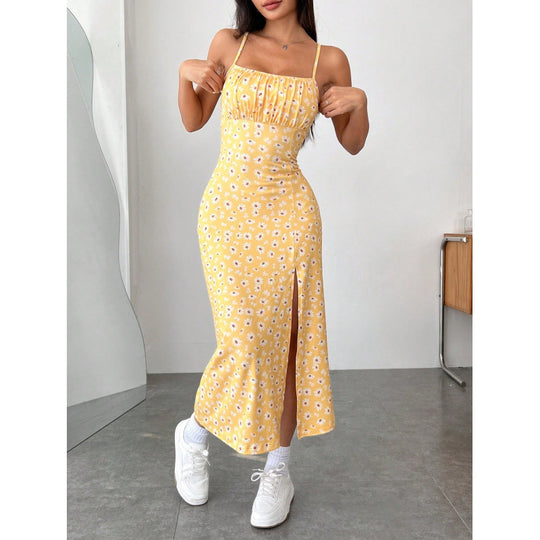 Damen Blumenkleid mit Spaghettiträgern und seitlichem Schlitz EB
