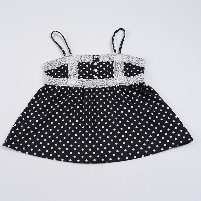 Damen Spaghetti-Trägertop mit süßem Spitzenbesatz und Polka-Dots EB