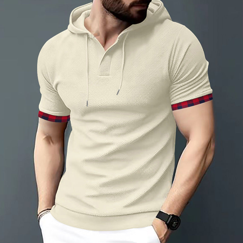Herren nan figurbetontes Kurzarm-Kapuzenpoloshirt mit Henley-Blende und Kordelzug EB