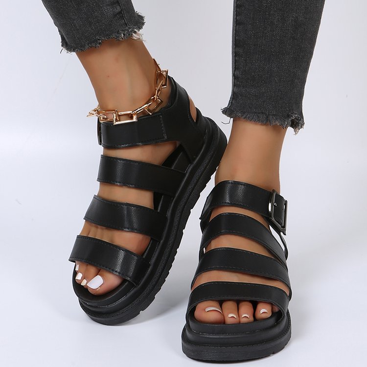 Damen Plateausandalen mit vier Riemen und verstellbarer Metallschnalle EB