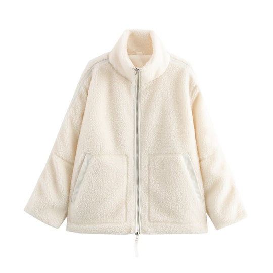 Damen kuschelige Fleecejacke mit hohem Kragen und praktischen Eingrifftaschen EB