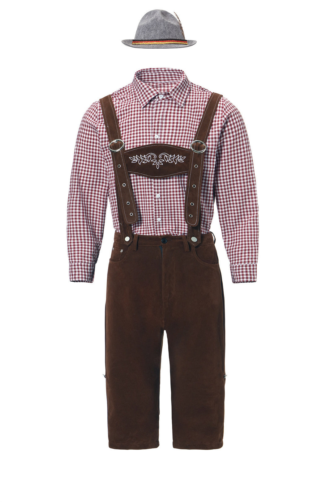 Herren nan kurze Trachtenlederhose in Veloursleder-Optik mit besticktem Brustlatz und verstellbaren Trägern EB