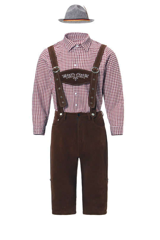 Herren nan kurze Trachtenlederhose in Veloursleder-Optik mit besticktem Brustlatz und verstellbaren Trägern EB