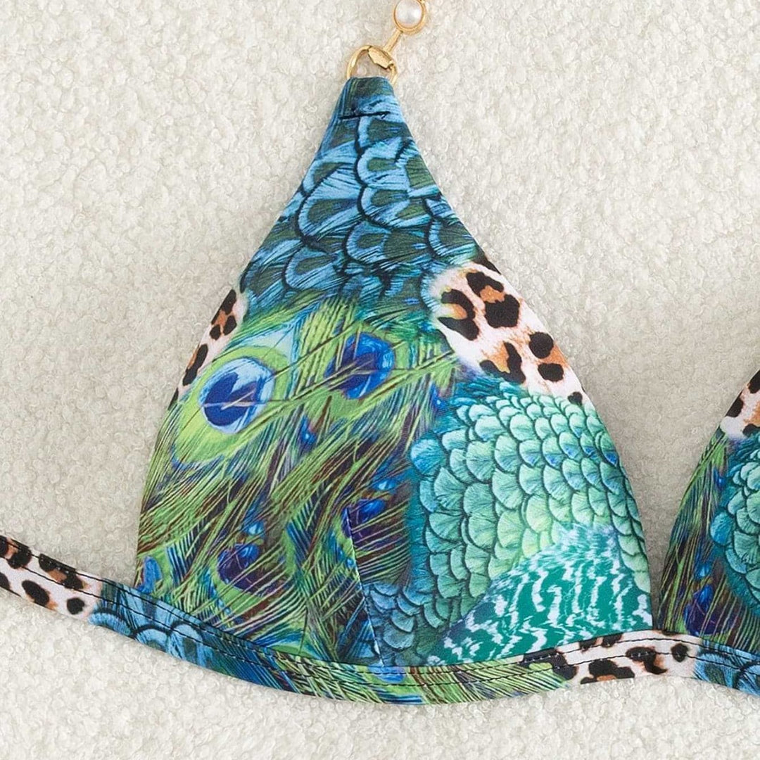 Damen Triangel-Bikini mit lebendigem Tier- und Pfauenmotiv EB