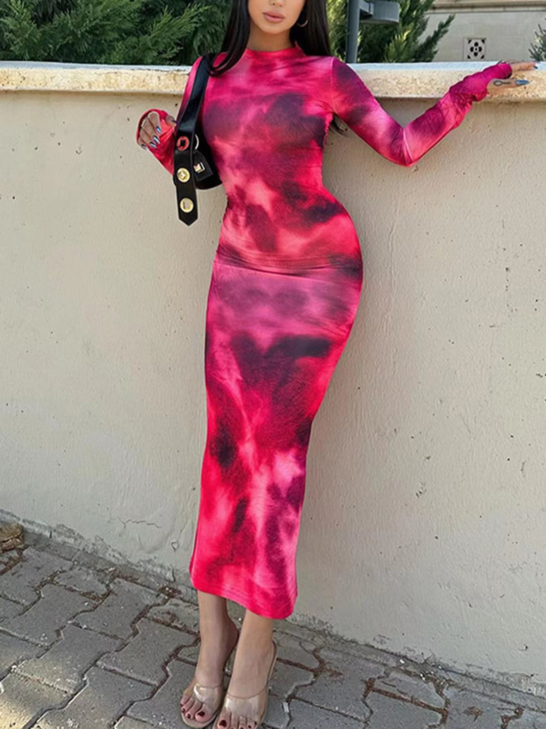 Damen Langarm Maxikleid aus Stretchmaterial mit abstraktem Farbverlauf EB