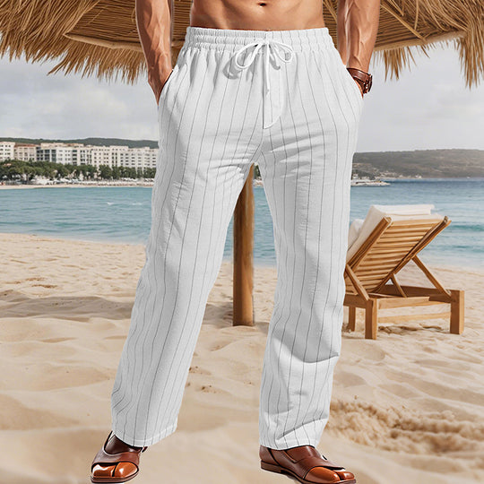 Herren Maritime Leinenoptik-Freizeithose mit Nadelstreifen elastischem Bund und seitlichen Eingrifftaschen EB