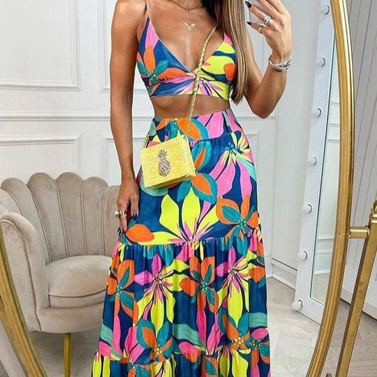Damen Maxikleid mit floralem Design und verziertem V-Ausschnitt EB