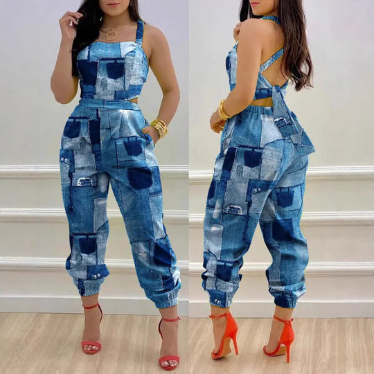 Damen Jumpsuit mit einzigartigem Denim-Print und tailliertem Schnitt EB