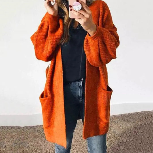 Damen lässige Strickjacke mit offenen Taschen und U-Förmigem Schnitt EB