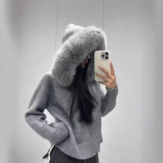 Damen kuschelige Strickjacke mit luxuriösem Pelzkragen und Reißverschluss EB