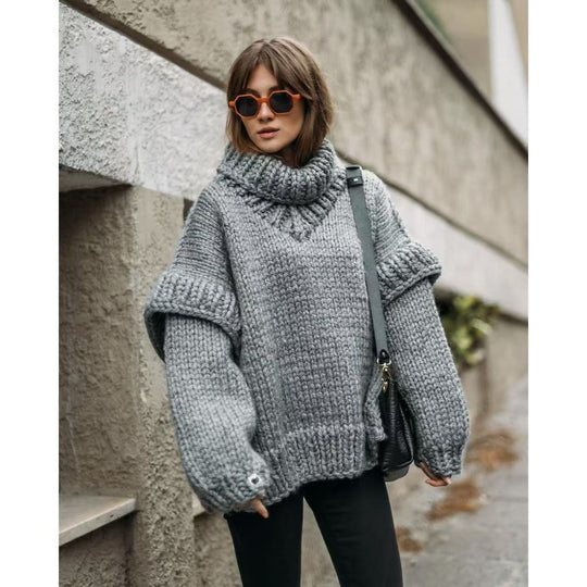 Damen Oversized Strickpullover mit hohem Kragen und voluminösen Ärmeln EB