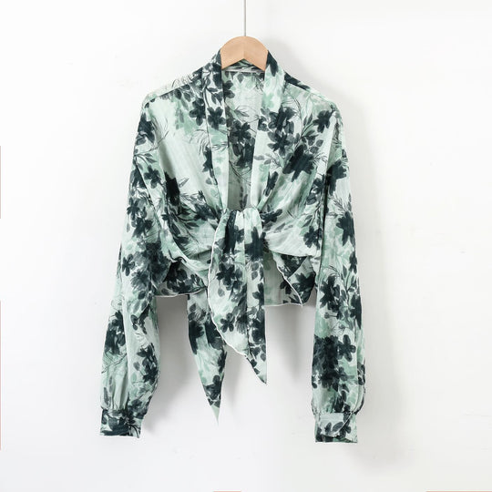 Damen nan florale Knoten-Bluse im Wickelstil mit Ballonärmeln und leichter Leinenoptik EB