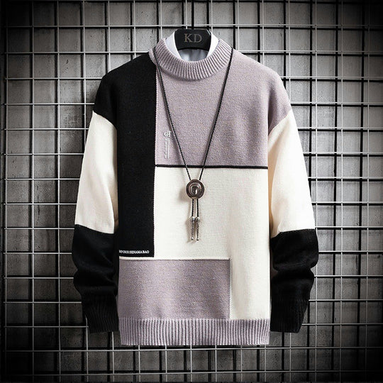 Herren nan blockfarbiger Oversize-Feinstrickpullover mit Stehkragen und gerippten Bündchen EB