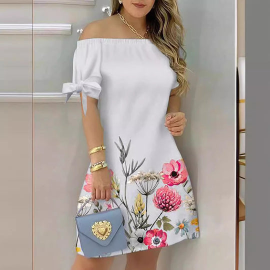 Damen Off-Shoulder Blumenkleid mit Rüschendetails und A-Linien-Schnitt EB