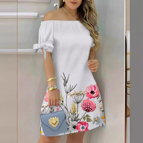 Damen Off-Shoulder Blumenkleid mit Rüschendetails und A-Linien-Schnitt EB