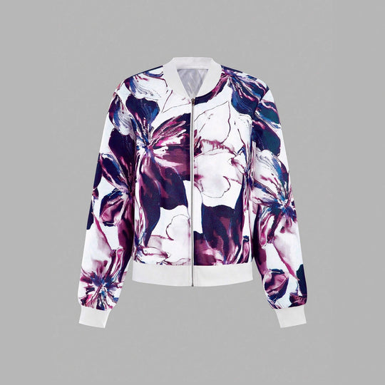 Damen Blumenmuster Bomberjacke mit elastischem Bund EB