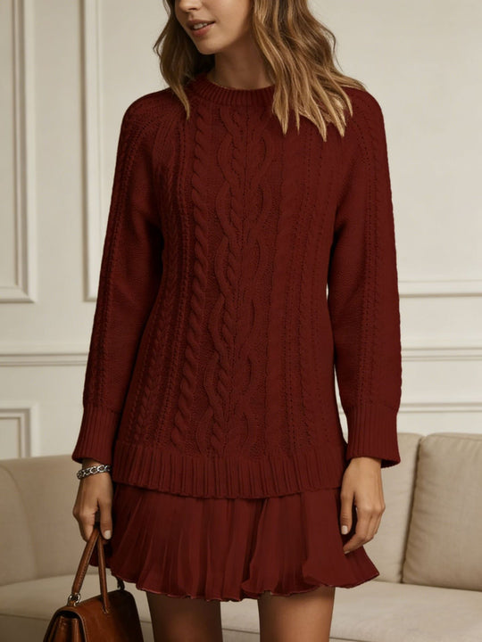 Damen Langer Zopfstrick-Pulloverkleid mit Rundhals EB