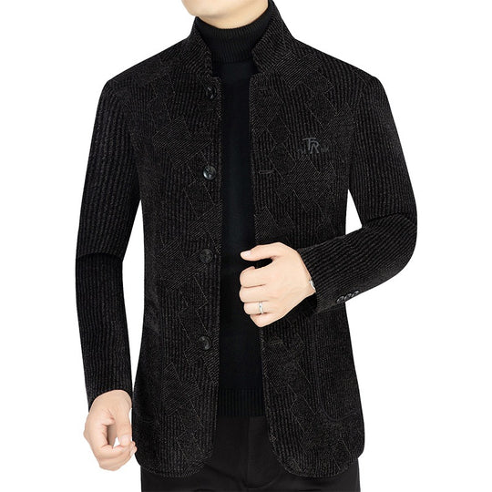 Herren Moderner Stehkragen-Blazer im Bouclé-Look mit feiner geometrischer Struktur EB