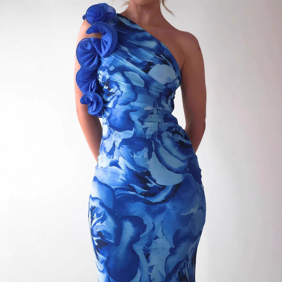 Damen Elegantes Abendkleid mit einseitigem Rüschen-Design und schmalem Schnitt EB