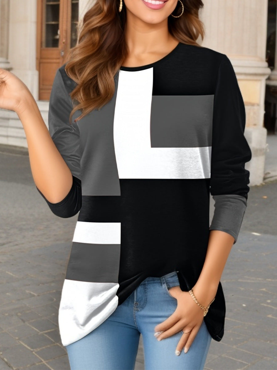 Damen nan geometrisches Colorblock Longsleeve-Tunika-Oberteil mit Rundhalsausschnitt und asymmetrischem Saum EB