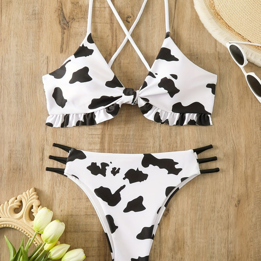 Damen Triangel-Bikini mit franjendetail und verspieltem Kuhmuster EB