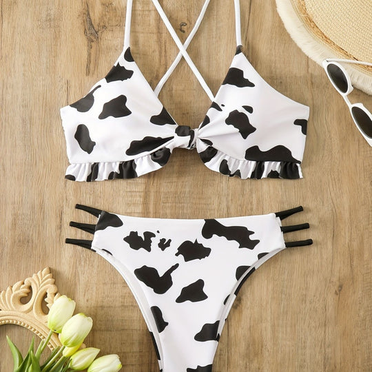 Damen Triangel-Bikini mit franjendetail und verspieltem Kuhmuster EB