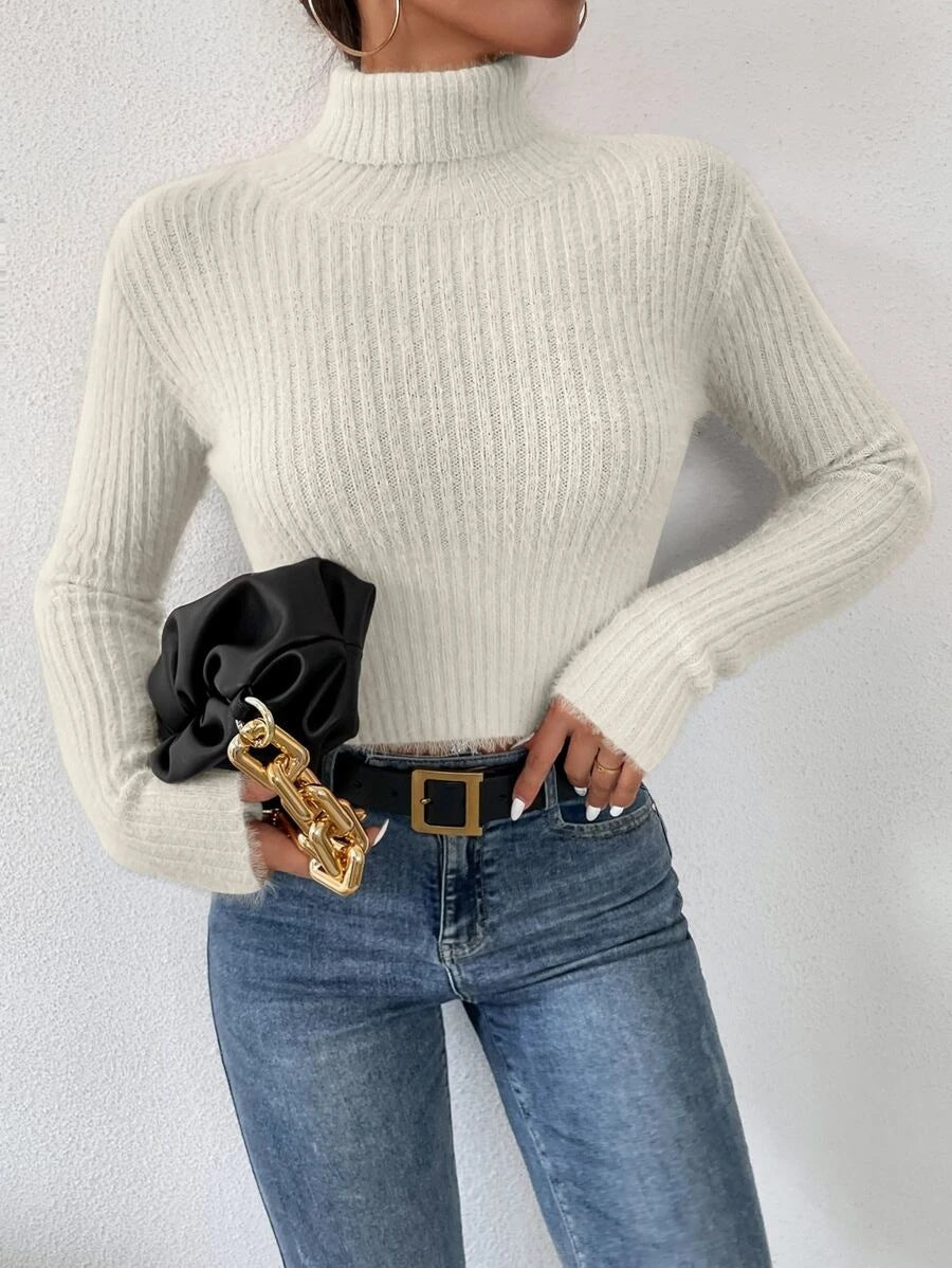 Damen Feinstrickpullover mit Stehkragen und modernem Rippdesign EB