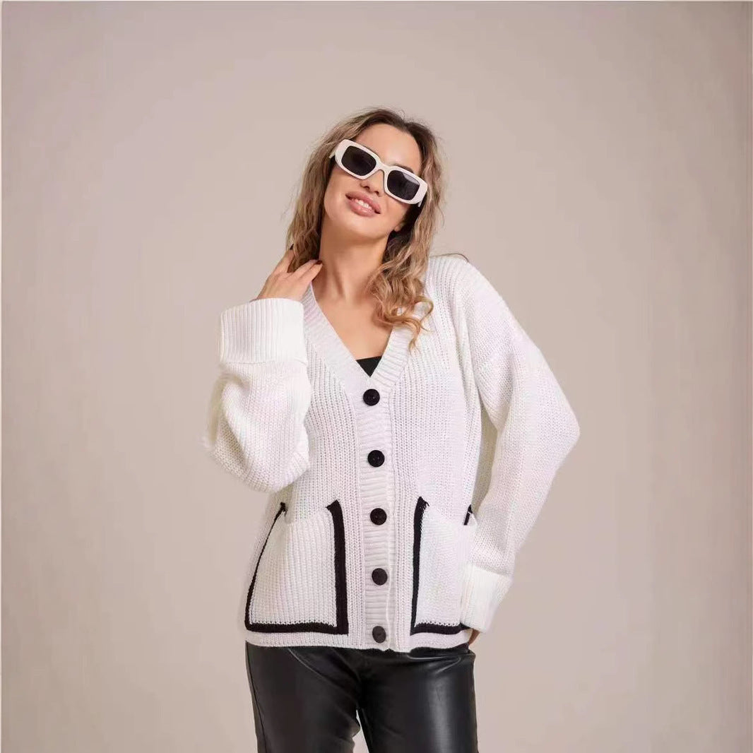 Damen Strickjacke mit großem Kragen und Taschen EB