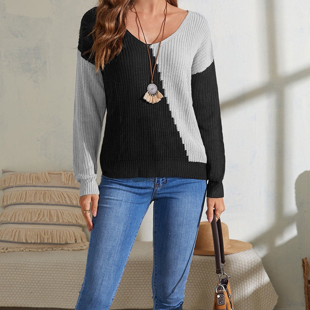 Damen lässiger Pullover mit asymmetrischem Farbspiel und V-Ausschnitt EB