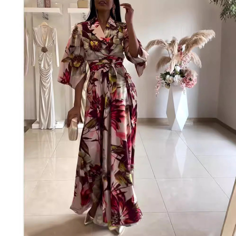 Damen Maxikleid mit eleganter Blütenoptik und großzügigen Ärmeln Heidi-Mode