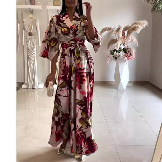 Damen Maxikleid mit eleganter Blütenoptik und großzügigen Ärmeln Heidi-Mode