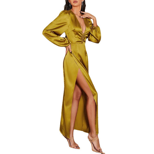 Damen Elegantes Maxikleid mit tiefem V-Ausschnitt und voluminösen Ärmeln EB