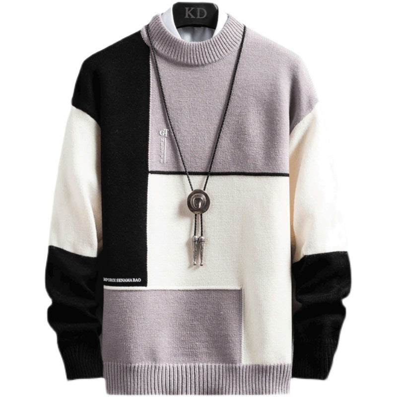 Herren nan blockfarbiger Oversize-Feinstrickpullover mit Stehkragen und gerippten Bündchen EB
