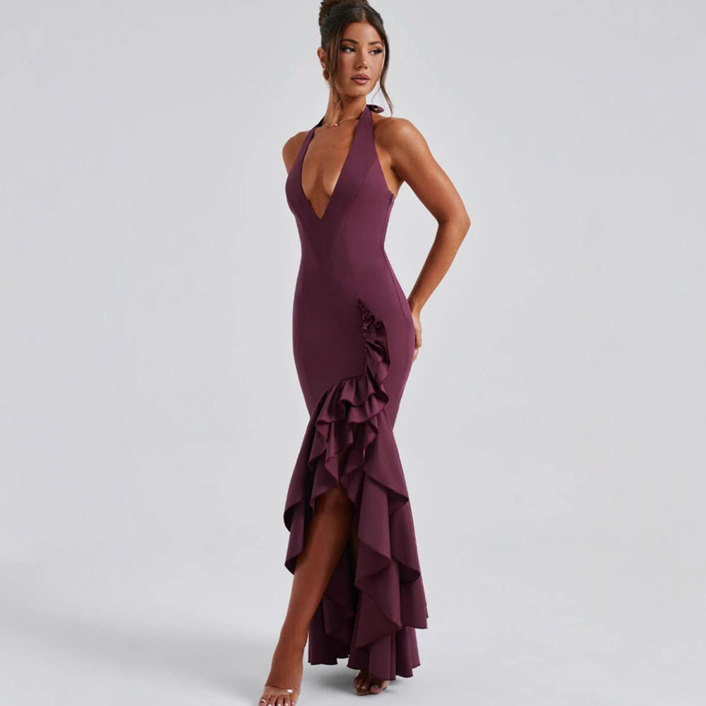 Damen Hochgeschlossenes Maxikleid mit Rüschen und tiefem V-Ausschnitt EB
