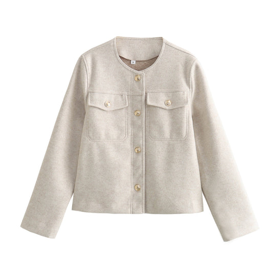 Damen elegante Modische Jacke mit zwei aufgesetzten Taschen und goldenen Knopfdetails EB
